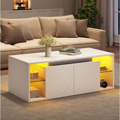 Weißer Couchtisch 100x50x41 cm mit LED, 2 Türen und halboffenem Fach OKWISH (1/5)