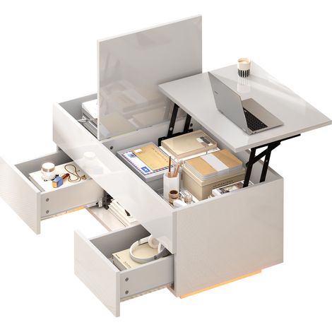 ELVMI Höhenverstellbarer Couchtisch mit 2 Schubladen, Verstecktem Stauraum und LED, Spanplatte, 100 x 45 x 43 cm, Weiß (1/5)