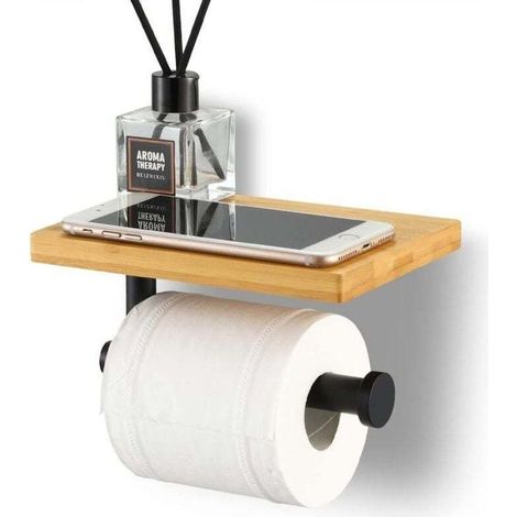 Porte Papier Toilette avec Etagère Bambou Salle de Bain Porte Rouleau en Acier Inoxydable SUS304 Support Mural Installation avec Vis ou 3M Auto-adhésif Noir (1/4)