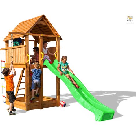 Fungoo Spielturm "Fortress", teak, mit Rutsche, Holzdach, Kletterseil, Kletterwand und Leiter