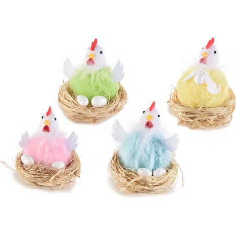 Gallinelle pasquali colorate in morbido finto pelo con uova nel nido da appendere o appoggiare, set da 8 pezzi, Ø 7 cm x 8 H