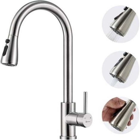 Robinet de cuisine rétractable avec tête orientable à 360°, en acier inoxydable brossé, 3 modes d’arrosage (jet normal, pluie, pulvérisation), design élégant et moderne