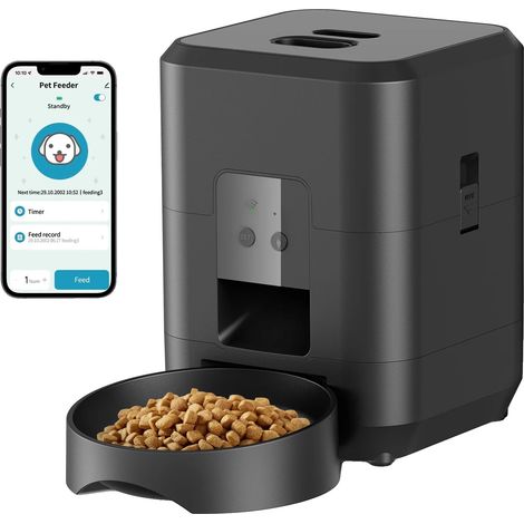 Dispensador automático de comida para mascotas, capacidad de 2 litros, controlado por aplicación, 2 litros, WIFI, color negro. (1/2)