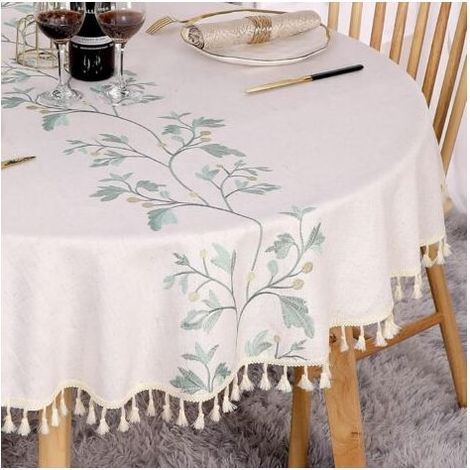 Nappe Ronde 140 cm en Lin & Coton Anti-Tache Lavable Beige Couverture de Table avec Feuilles Vertes Brodées, Glands pour Anniversaire, Mariage, Salle à Manger, Table Basse (1/4)