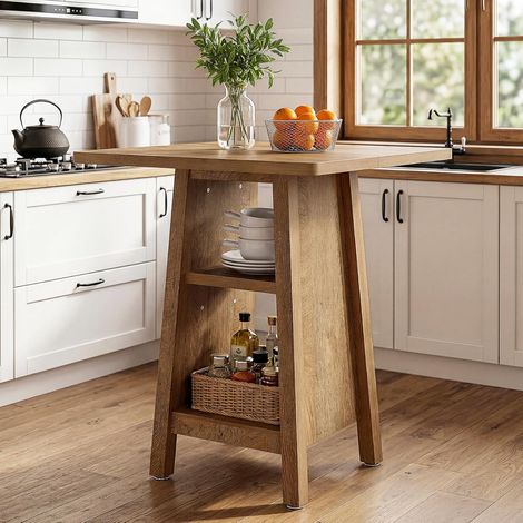 Tribesigns Ilot de cuisine à 3 niveaux, 80 x 80 cm, table de bar carrée avec espace de rangement, table haute de 90 cm de haut, style maison de campagne, table de cuisine en bois pour salle à manger (1/5)