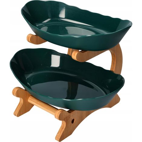 Soporte de bambú de 2 niveles con cuencos para frutas y aperitivos, color verde botella, 19,5 x 23 x 19,5 cm. (1/5)