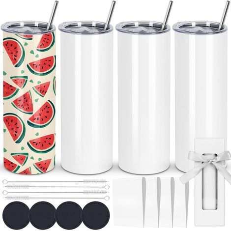 4-Piece Set of Straight Sublimation Cups, 600ml Stainless Steel Double-Walled Insulated Cups, Blank White Sublimation Cups with Lid, Straw, Box, Heat Transfer Coating (1/5)