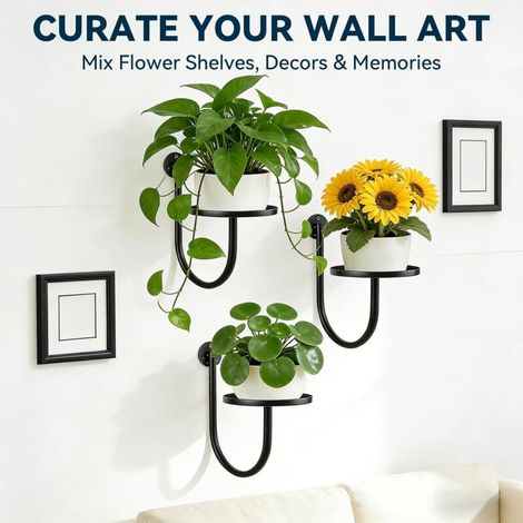 Lot de 3 supports muraux pour plantes – Étagères flottantes décoratives en métal, gain de place pour salon, chambre et cuisine (1/4)