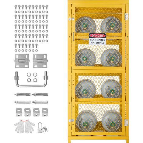 Mophorn Armoire horizontale pour bouteilles de gaz, 762x762x1785 mm, cage de stockage sécurisée, 4 niveaux pour 8 bouteilles, serrure avec clés, acier au carbone thermolaqué, oxygène et azote, jaune (1/2)