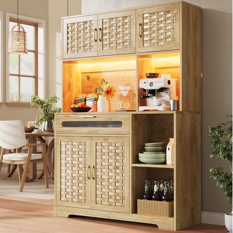 Credenza alta 120x40x180 cm con 1 cassetto, ante in rattan intrecciato, ripiani regolabili e illuminazione LED, finitura naturale (1/5)