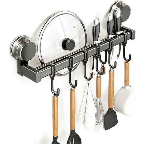 Estante organizador para sartenes, espátulas y cucharas - ABS + ganchos de acero al carbono - Tamaño L - 50710,5 cm - 10 ganchos - montaje en pared - instalación sin taladrar (1/5)