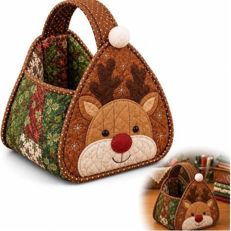 Gesteppte Handtasche mit Weihnachtsrentier-Motiv – DIY-Stoffaufbewahrungskorb mit Weihnachtsmotiven – dekoratives Wohnaccessoire für Näh- und Bastelprojekte (1/5)