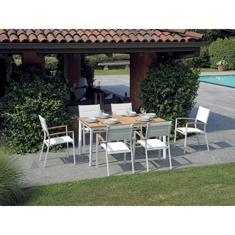 Set tavolo e 6 sedie da giardino in alluminio bianco e legno tavolo allungabile da 1,50 a 2,10 metri (1/5)