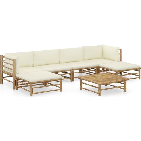 7-tlg. Garten-Lounge-Set mit Cremeweißen Kissen Bambus