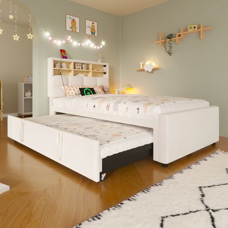 Lit Banquette Extensible 90x200 à 180x200 cm avec USB-A/USB-C ainsi qu’une Tête de Lit Rembourrée avec Rangements Ouverts, sans Matelas, en Velours - Beige (1/5)