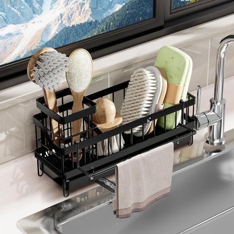 Organisateur Evier Cuisine, Organisateur de Cuisine avec Porte-Serviettes, Porte-éponge, Porte-Serviettes, Produit Vaisselle, avec évacuation, à Suspendre sans percer, Double Usage, Noir (1/5)