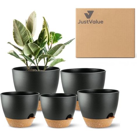 Set de 5 pots de fleurs – Arrosage automatique – Réservoir d'eau – Noir/marron – Ø 12,7-17,8 cm – Intérieur/extérieur (1/5)