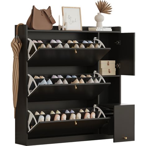 Schuhschrank mit 3 Klappen, 1 Schublade, Verstellbaren Einlegeböden und Klappbarer Sitzbank, aus Spanplatte, Schwarz, 119×24×122 cm (1/5)