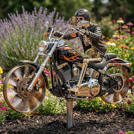 JeiibrZui Skeleton Rider - 85 cm - Girouette à vent (1 pièce) - Noire - Décoration moto unique en métal pour jardin et terrasse - Œuvre résistante aux intempéries avec roues rotatives - Cadeau idéal p (1/5)