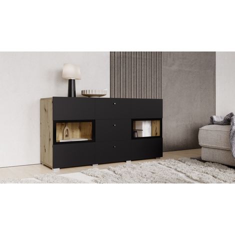 Buffet RAMOS 130 cm – Eiche und supermatt Schwarz – 2 Glastüren und 3 Schubladen – Ohne LED