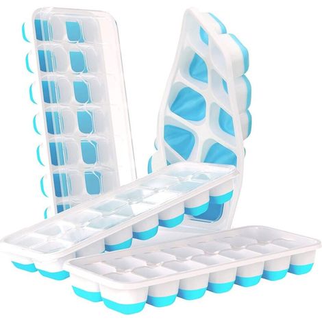 Lot de 4 bacs à glaçons avec couvercles - Moule en silicone pour 56 glaçons, démoulage facile, empilable et réutilisable (bleu) - AquaForge (1/5)