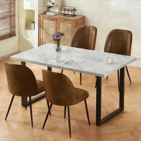 AINPECCA Grey Marbled Effect Dining Table and Chairs 4 Set Dining Room Chair Kitchen Home Office(table+4pcs Brown Suede chairs)