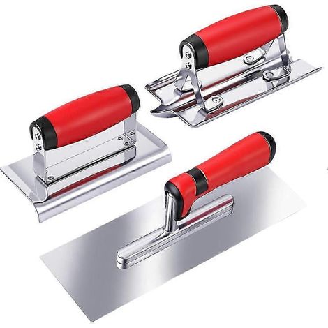 Un ensemble de 3 outils en acier inoxydable pour béton comprend une truelle à main, un coupe-bordures pour béton et un outil à rainurer. (1/5)