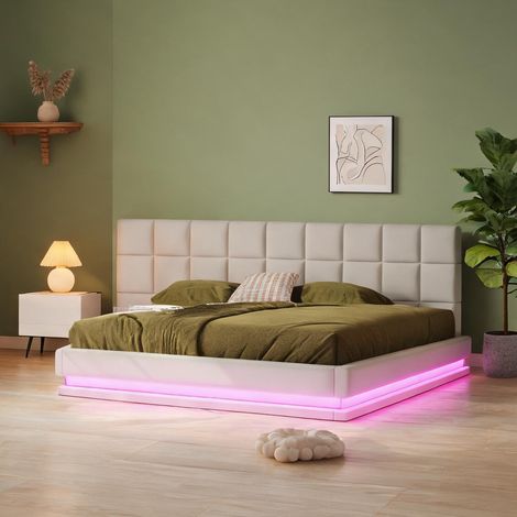 Cadre de lit beige en lin 206 x 167 x 63 cm (1/5)