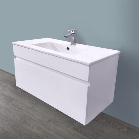 800mm White Vanity Unit Ceramic Basin Bathroom Drawer Storage (1/5)