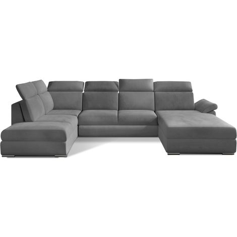 Sofá panorámico convertible MAJESTA 5 plazas gris – ángulo derecho con cofre (1/4)