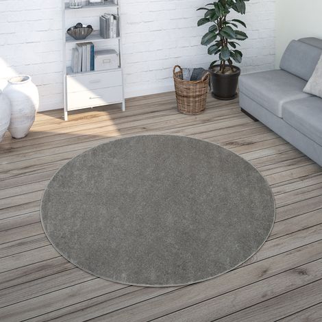 Paco Home Tapis Salon Uni Sobre Et Moderne Poils Ras, Diff. Tailles/Coloris Anthracite, 160 cm rond