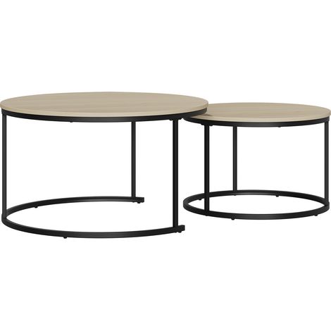 Ensemble de 2 tables gigognes rondes en placage chêne avec pieds métal noir mat (1/5)