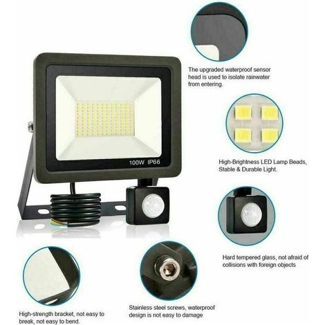 Floodlight to detector of movement 100W IP65 waterproof 60000 lumens white cold Lighting for garages and terrains of sport (1/5)