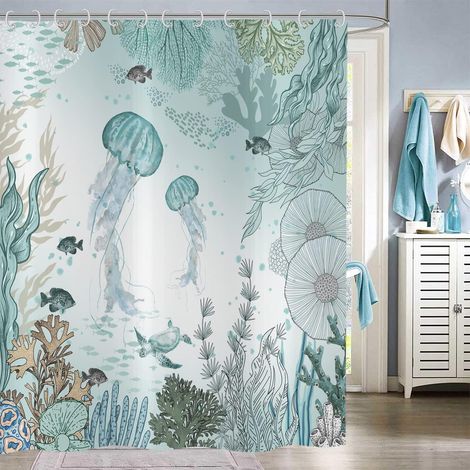 Rideau de Douche méduse 120x180, Côte Nautique Poissons tropicaux Corail Turquoise Océan Thématique Vie Marine sous-Marine Rideau de Baignoire Étanche Polyester Tissu Lavable Rideau de Bain (1/5)