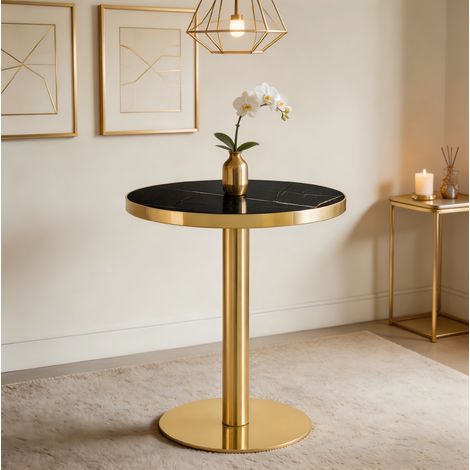 Tavolino Basso Rotondo Moderno, Piano UV Effetto Marmo, Base Stabile, per Soggiorno, MDF, Nero e Oro (1/5)