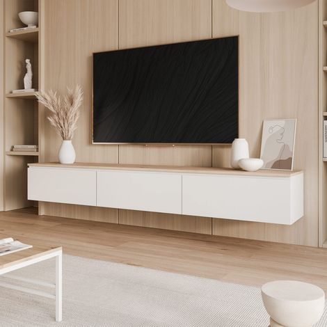 Meuble TV Mural avec LED SELIA - 3 portes sans poignées - 200x35x29 cm - façades lisses - Blanc / Chêne artisanal (1/5)