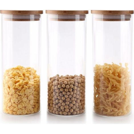 VURAHOME - Bocaux Mason de 1000 ml, bocaux hermétiques en verre borosilicaté avec couvercle en bambou et bocal en silicone, lavables en machine, lot de 3 (1/5)