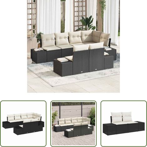 Terrassensofa - Gartensofa-set mit Kissen 7 pcs Schwarz und Creme Poly-Rattan (1/5)