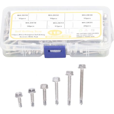 Vis à métaux autoforeuses hexagonales M4.2 304 inox, lot de 115 avec rondelle, haute dureté pour garage (1/5)