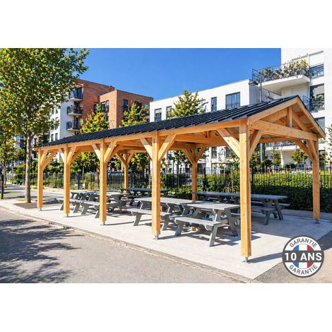 Carport bois 2 pentes en bois douglas 63 m², 10 poteaux avec pieds de poteaux fixes. Abri voiture extérieur. Garantie 10 ans. (1/5)