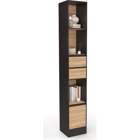 Idmarket – Bibliothèque CARLA 3 étagères 2 tiroirs 1 placard noir effet bois 190 cm – Rangement vertical compact pour espaces réduits (1/5)