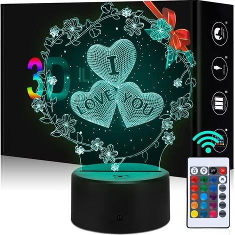 3D Heart Shaped Night Light, I LOVE YOU 16 Colors 3D Illusion Lamp, Heart Shapes Night Lights, Romantic Changing Lamp with Remote Control (Love Lamp) (1/5)