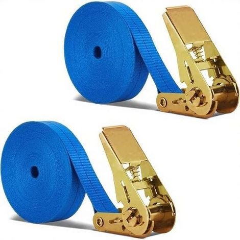 Lot de 2 sangles à cliquet bleues de 15 m, sangle de fixation à cliquet, sangles de tension de 25 mm avec cliquet résistants, charge 1000 kg, pour moto, vélo, camion, total 30 m (1/5)
