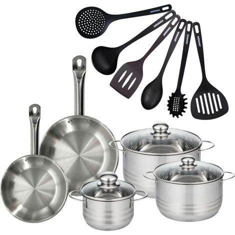 Set 2 poêles 20 24 cm en inox, 3 faitouts inox 16, 20 et 24 cm et 6 ustensiles RPET Fackelmann Eterna (1/5)
