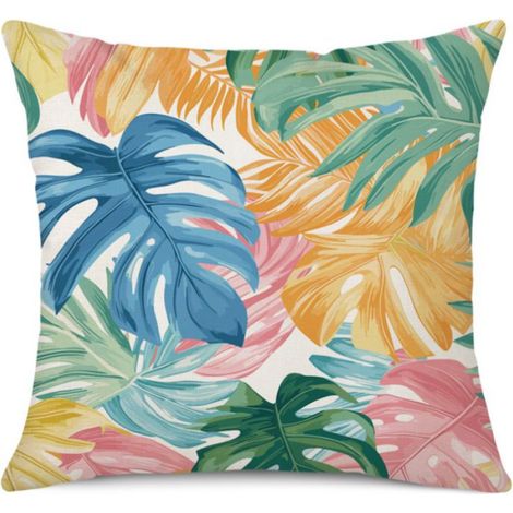 Housse De Coussin - 45x45cm - Imprimé Feuilles Pennées Et Arrondies - Pour Canapé Terrasse Intérieur - Lot De 4 (1/5)
