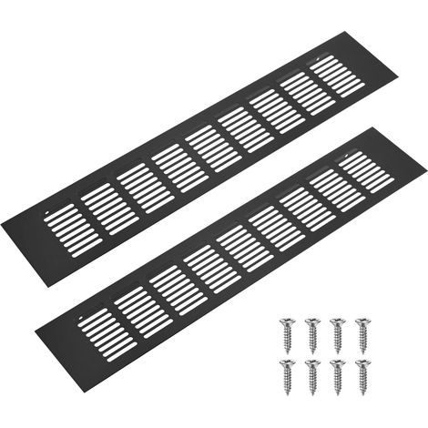 Lot de 2 grilles d'aération intérieures en alliage d'aluminium, 400 x 80 mm, pour armoires, penderies et meubles à chaussures, grilles rectangulaires avec 8 vis [Noir] (1/5)