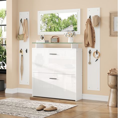 Mueble zapatero de entrada 89,5x23x96,5 cm en paneles de madera blanco, ahorra espacio, FloraGrace (1/5)