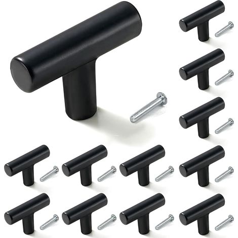 Paquete de 12 pomos y tiradores para cajones y armarios de acero inoxidable con forma de T y un solo orificio, con tornillos (negro) (1/5)