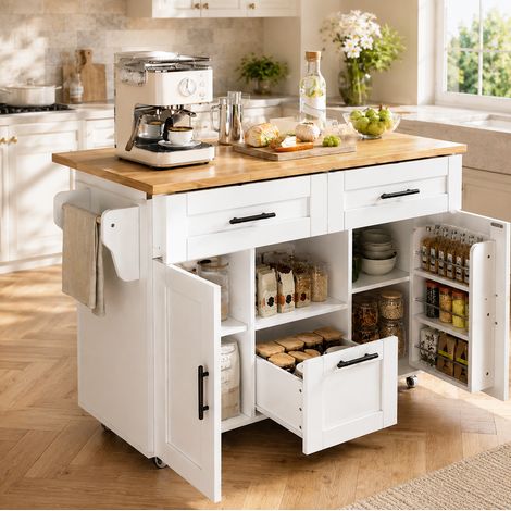 Carro de cocina blanco con 4 ruedas, 2 cajones, portapaños y tablero abatible, REDOM (1/5)