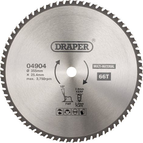 Draper TCT Multi-Purpose Circular Saw Blade, 355mm Diameter, 66 Teeth, 25.4mm Arbor, Model 04904 (1/5)